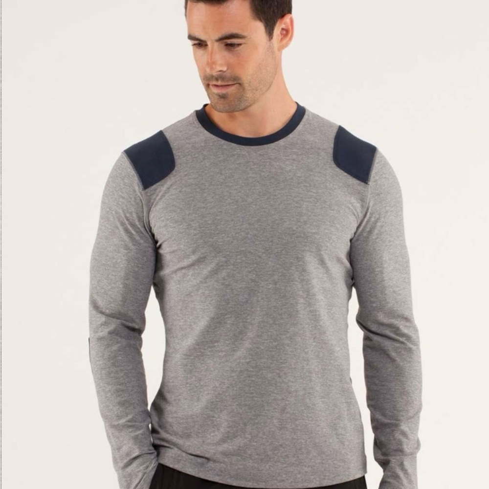 Lululemon Men Sprint Long Sleeve Shirt Heathered Slate Gray Elbow Patches XL $88